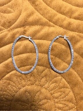 Vintage 925 Sterling Silver Pave Oval Hoop Earrings - Sparkling Silver